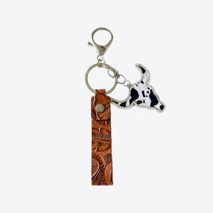 Western keychain with embossed leather strap and cow skull charm with crystal accents