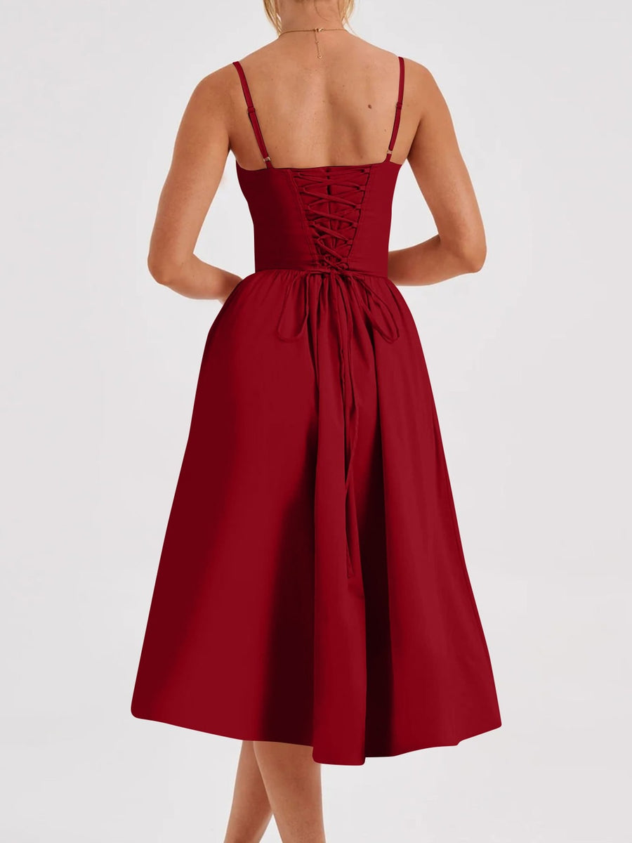 Red fit-and-flare midi dress with sweetheart