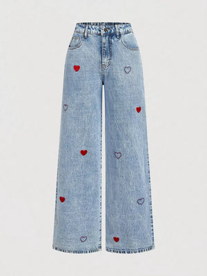 Button-down Embroidered Heart Wide-leg Jeans in this colorway