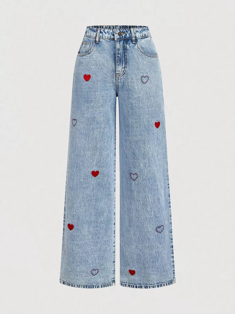 Button-down Embroidered Heart Wide-leg Jeans in this colorway