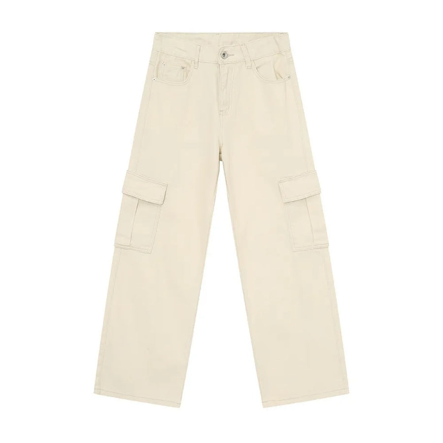 Oversized cargo denim trousers in eggshell with large side pockets and contrast stitching.