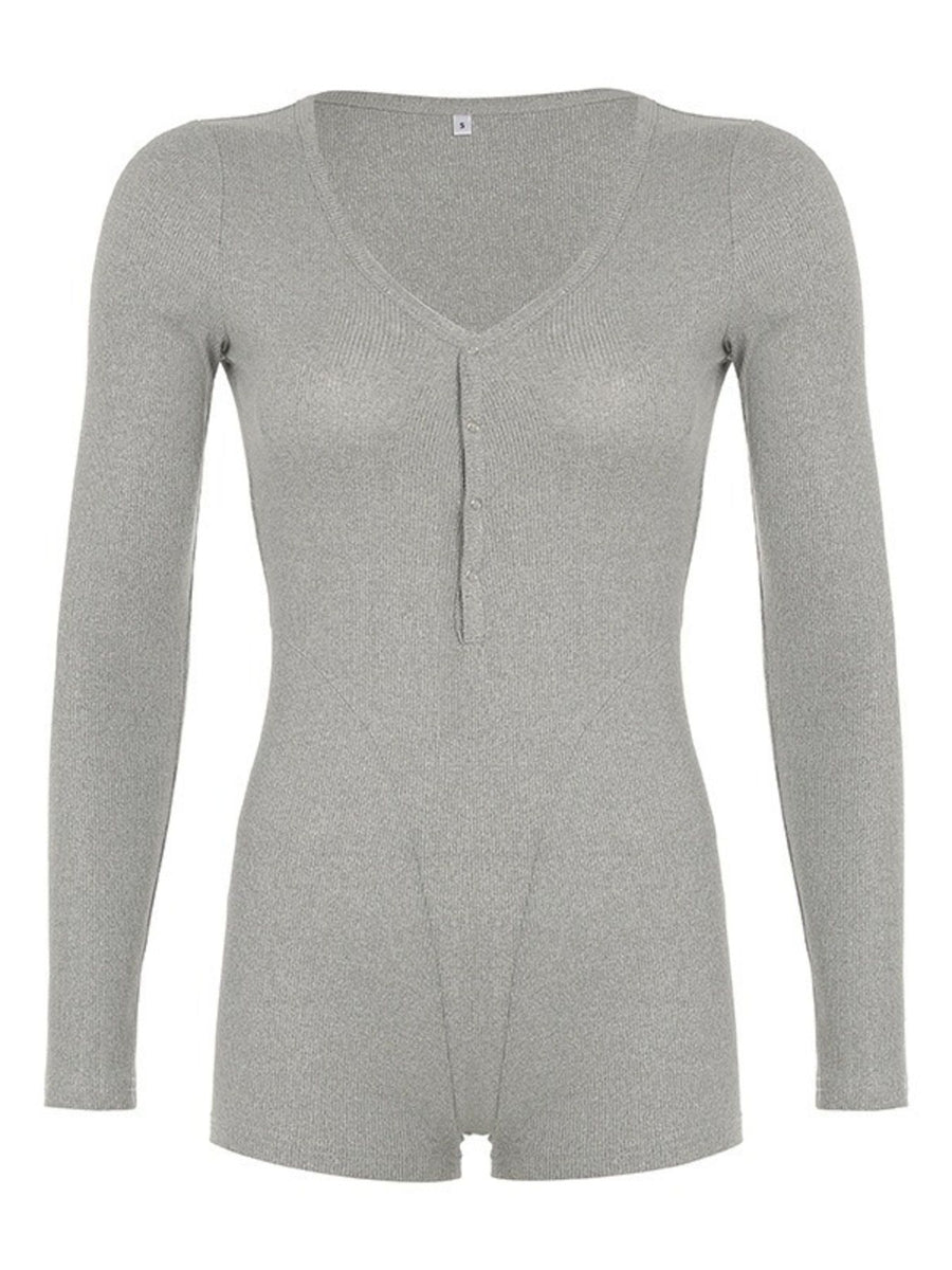 Gray ribbed long sleeve buttoned romper with a V-neckline