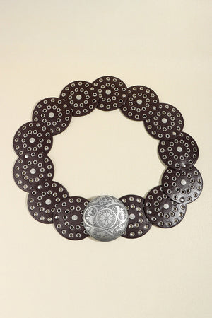 Disc-embellished belt in brown with silver buckle and eyelet details