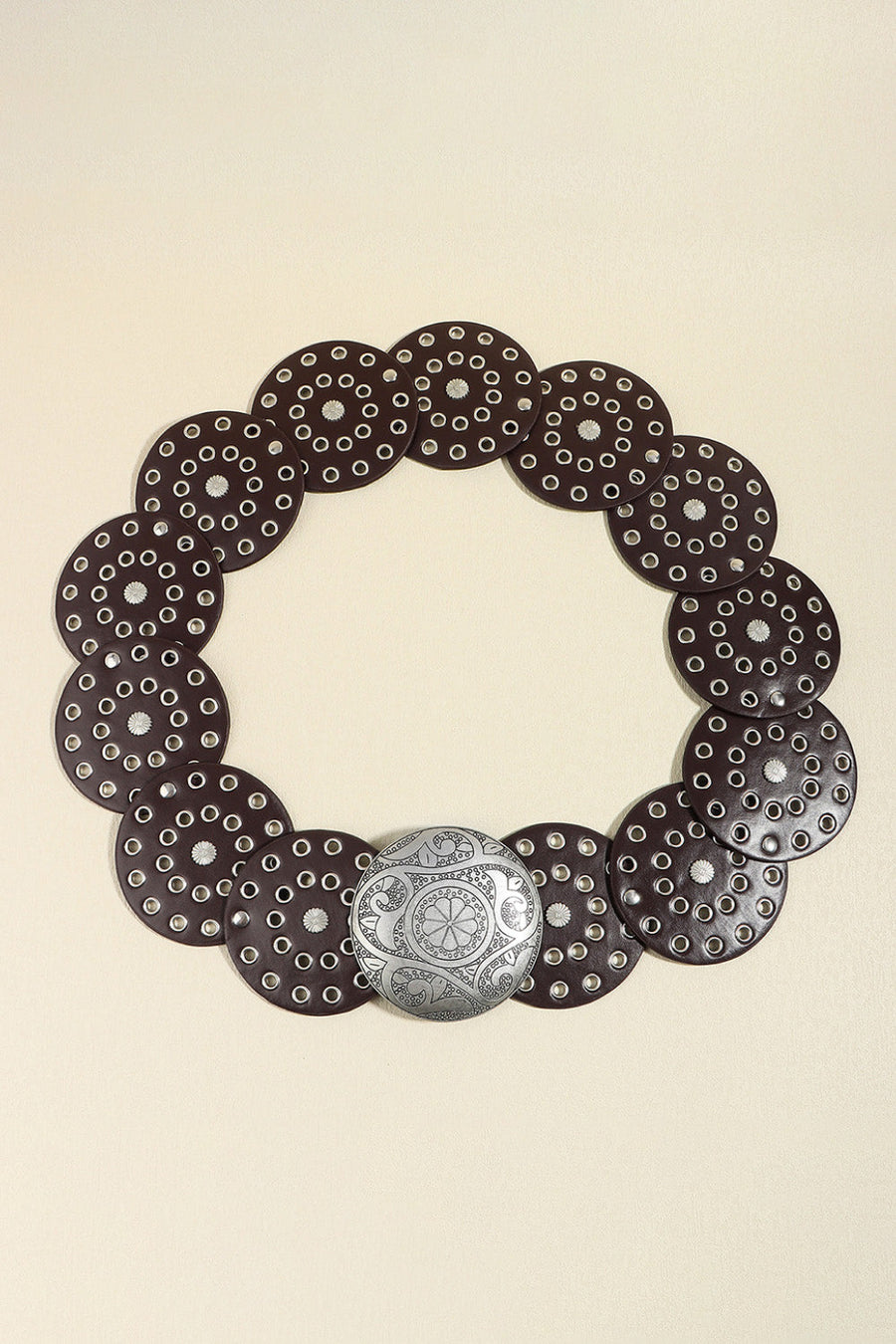 Disc-embellished belt in brown with silver buckle and eyelet details