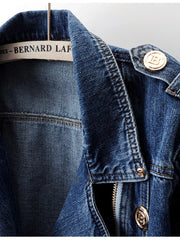 medium wash blue denim jacket with cropped and zip-front