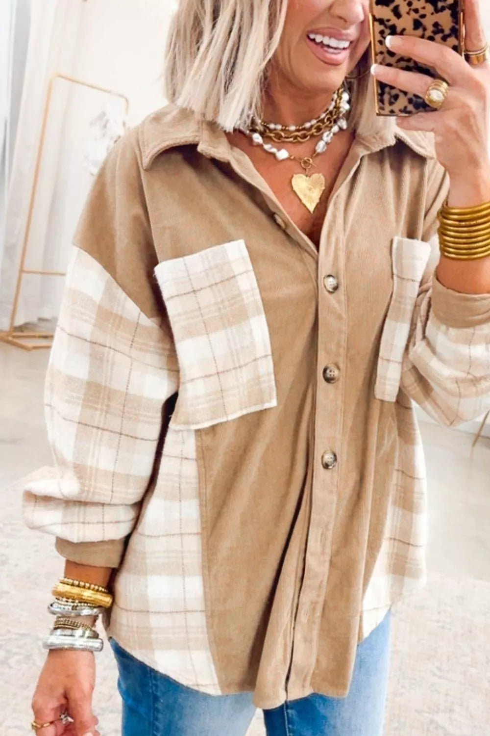 Camel with Plaid Colorblock Shirt Collar Shift Shacket