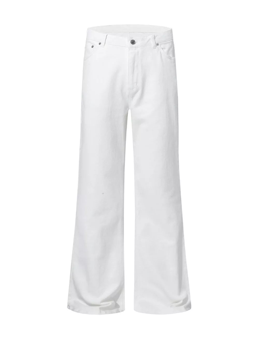 Men's white high-waisted flare leg trousers with a basic style and casual streetwear aesthetic.