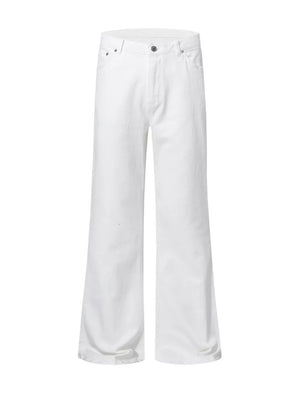 Men's white high-waisted flare leg trousers with a basic style and casual streetwear aesthetic.
