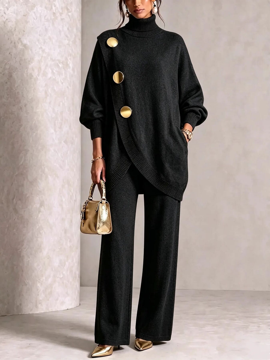 Gold Button Accent Turtleneck Sweater And Pants Set in Apricot Color with pocketed