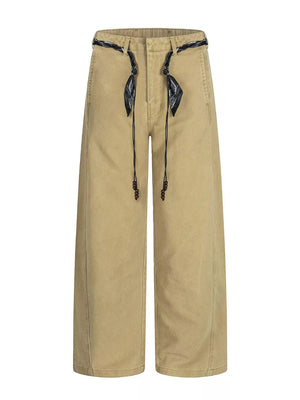 Belted wide-leg maternity pants in card color with beaded drawstring and bandana detail.