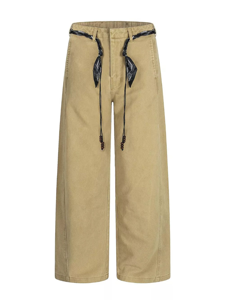Belted wide-leg maternity pants in card color with beaded drawstring and bandana detail.