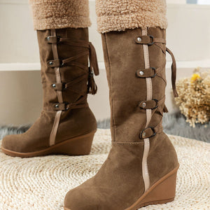 Faux Fur Lined Suede Wedge Boots in Apricot Color with faux fur lined