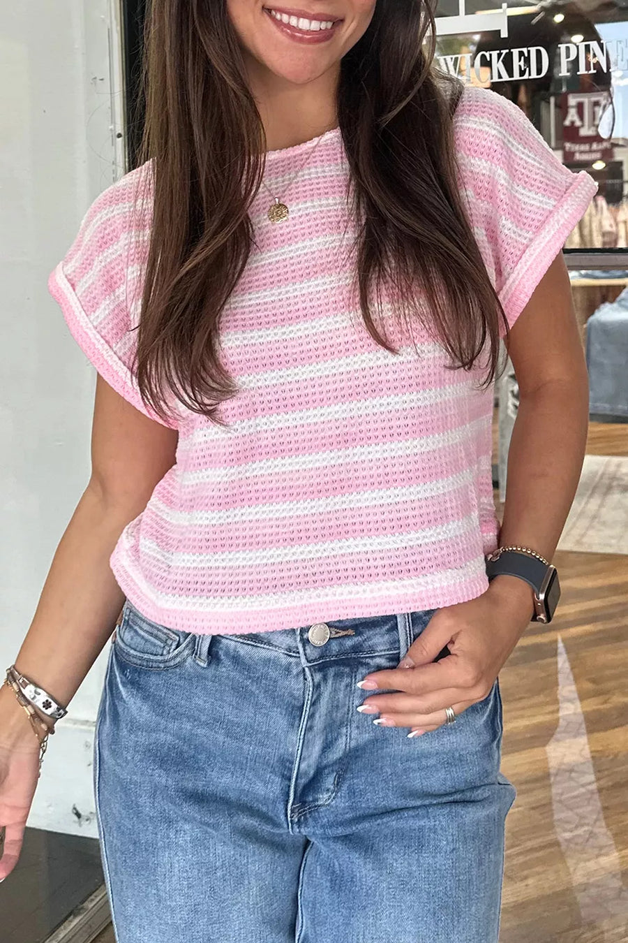 Blush Pink with Striped Print Waffle Knit T Shirt