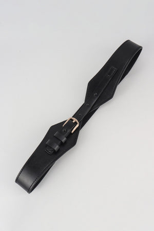 Black leather belt with geometric waist-defining design and gold buckle.