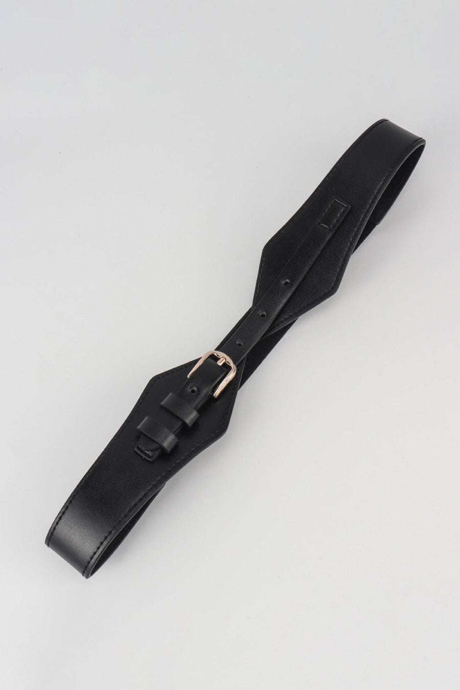 Black leather belt with geometric waist-defining design and gold buckle.