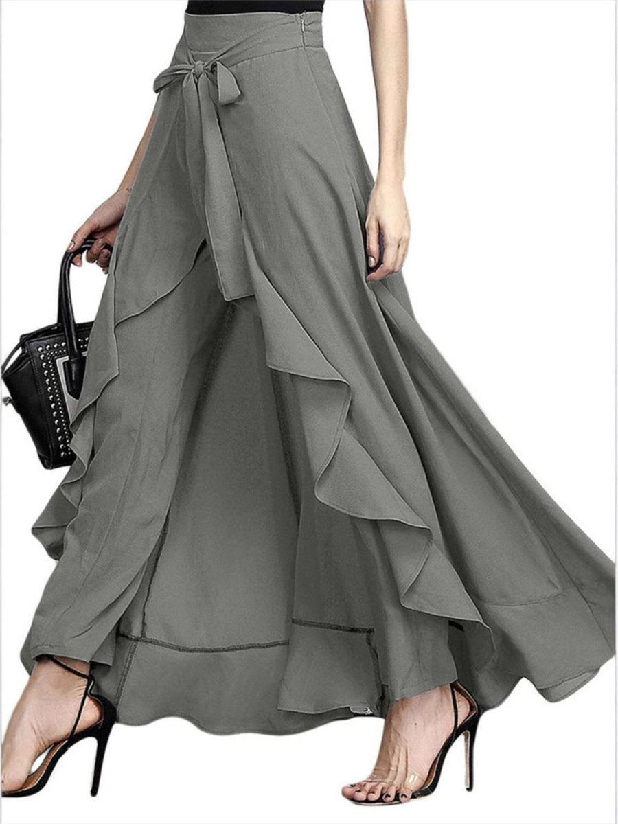 wide-leg pants in slate gray featuring tied and flared fit