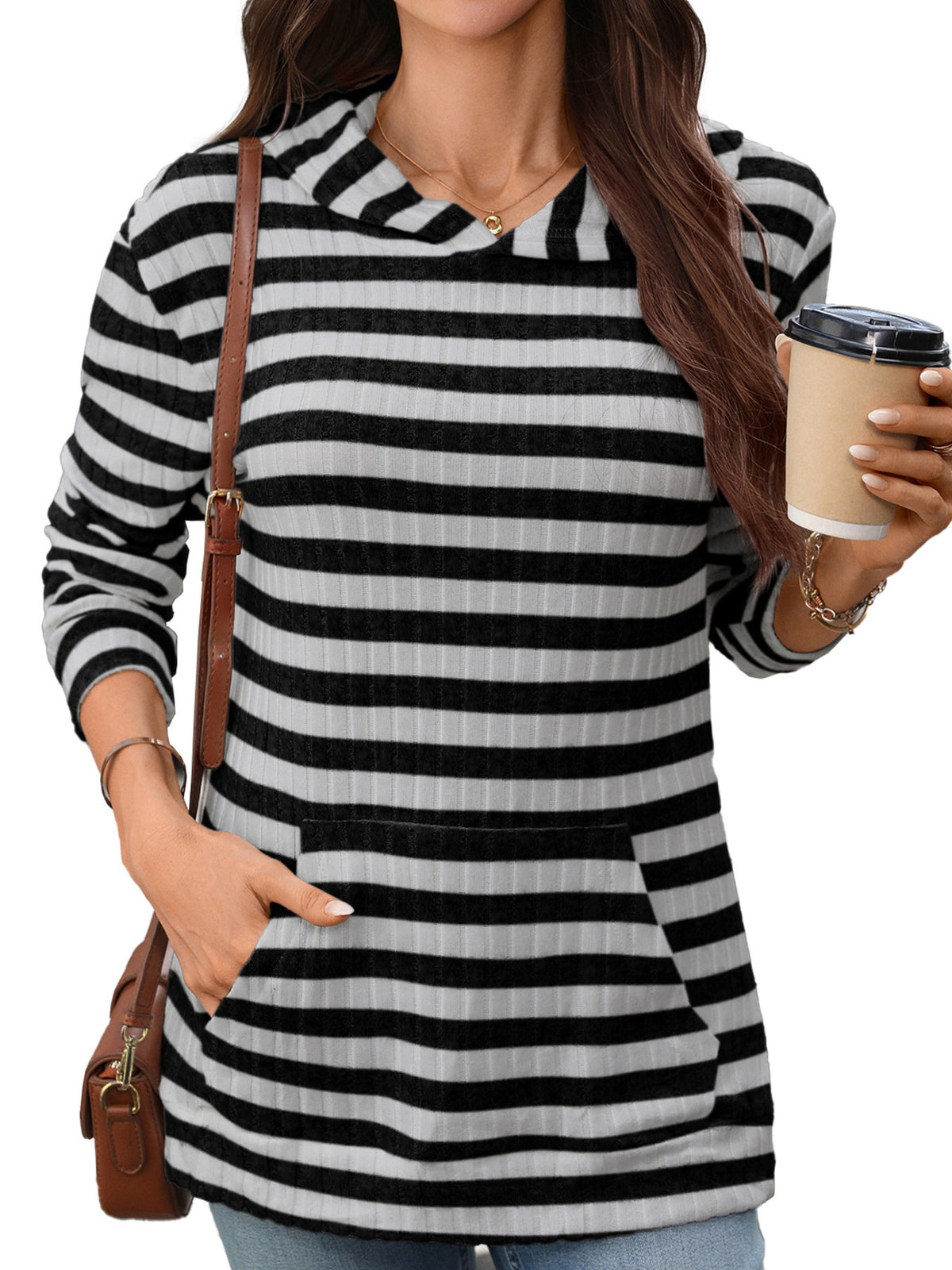 Gray And White Stripes pullover hoodie featuring ribbed and striped