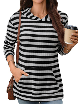 Gray And White Stripes pullover hoodie featuring ribbed and striped
