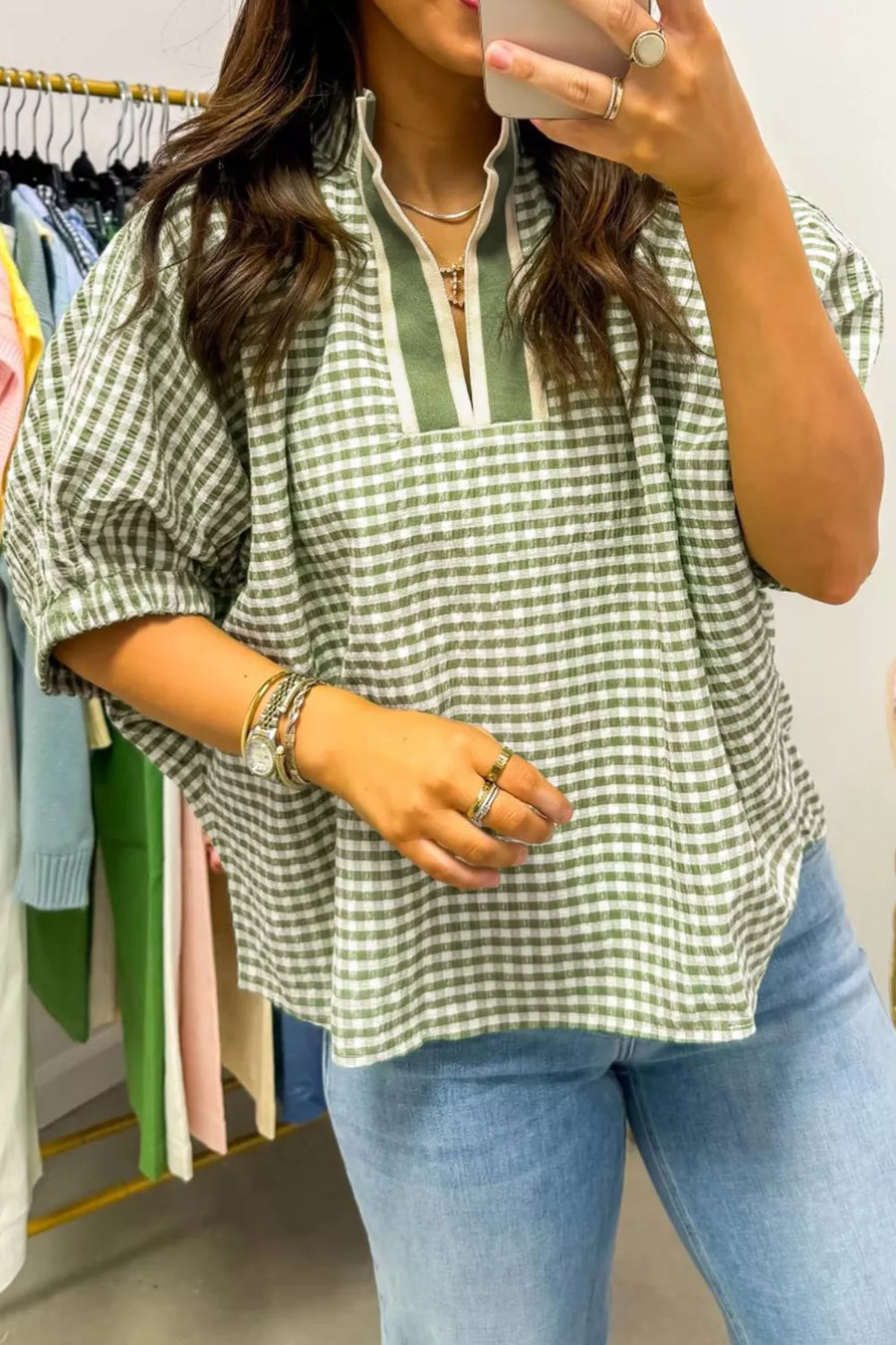 Sage gingham checkered half sleeve maternity overshirt with a split neckline and contrast trim.