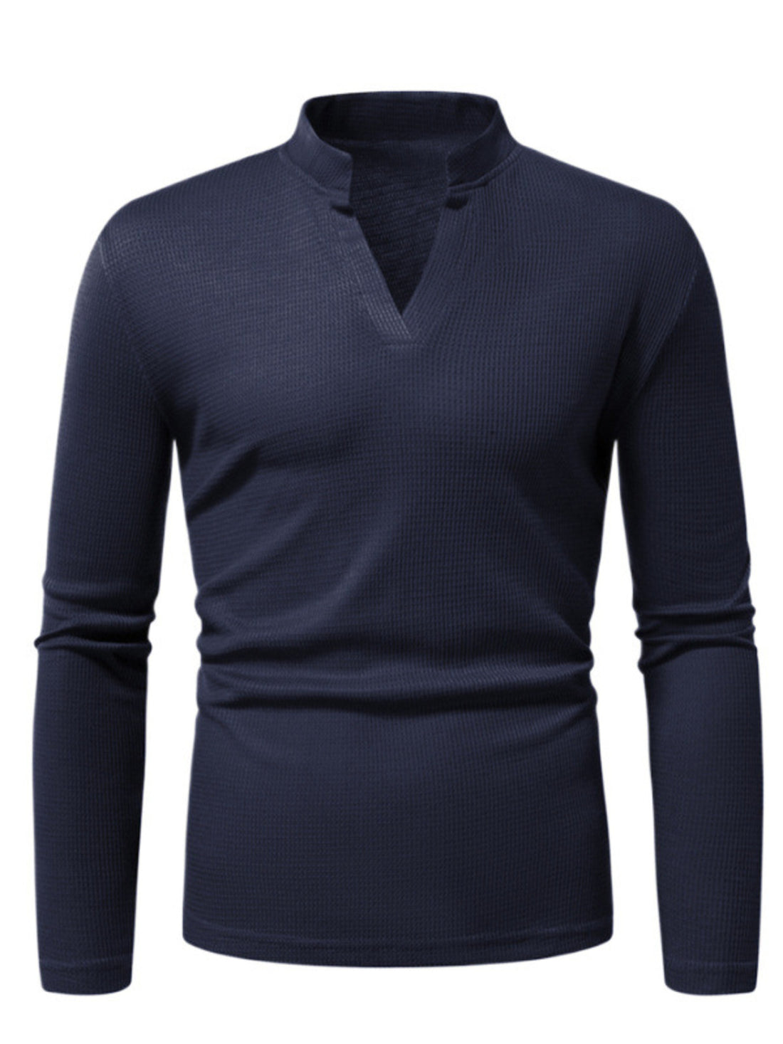 Men's navy blue long sleeve t-shirt with notched V-neck and waffle knit texture.