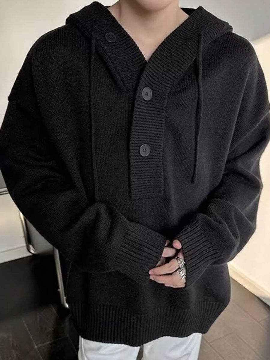 Black knit hooded sweater with button detail and drawstring neckline.