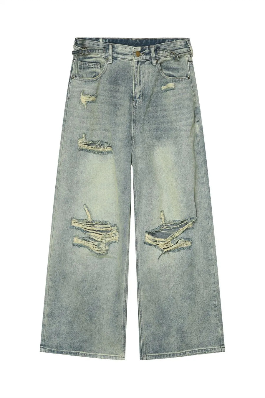 Light wash distressed denim palazzo trousers with wide legs and ripped details.