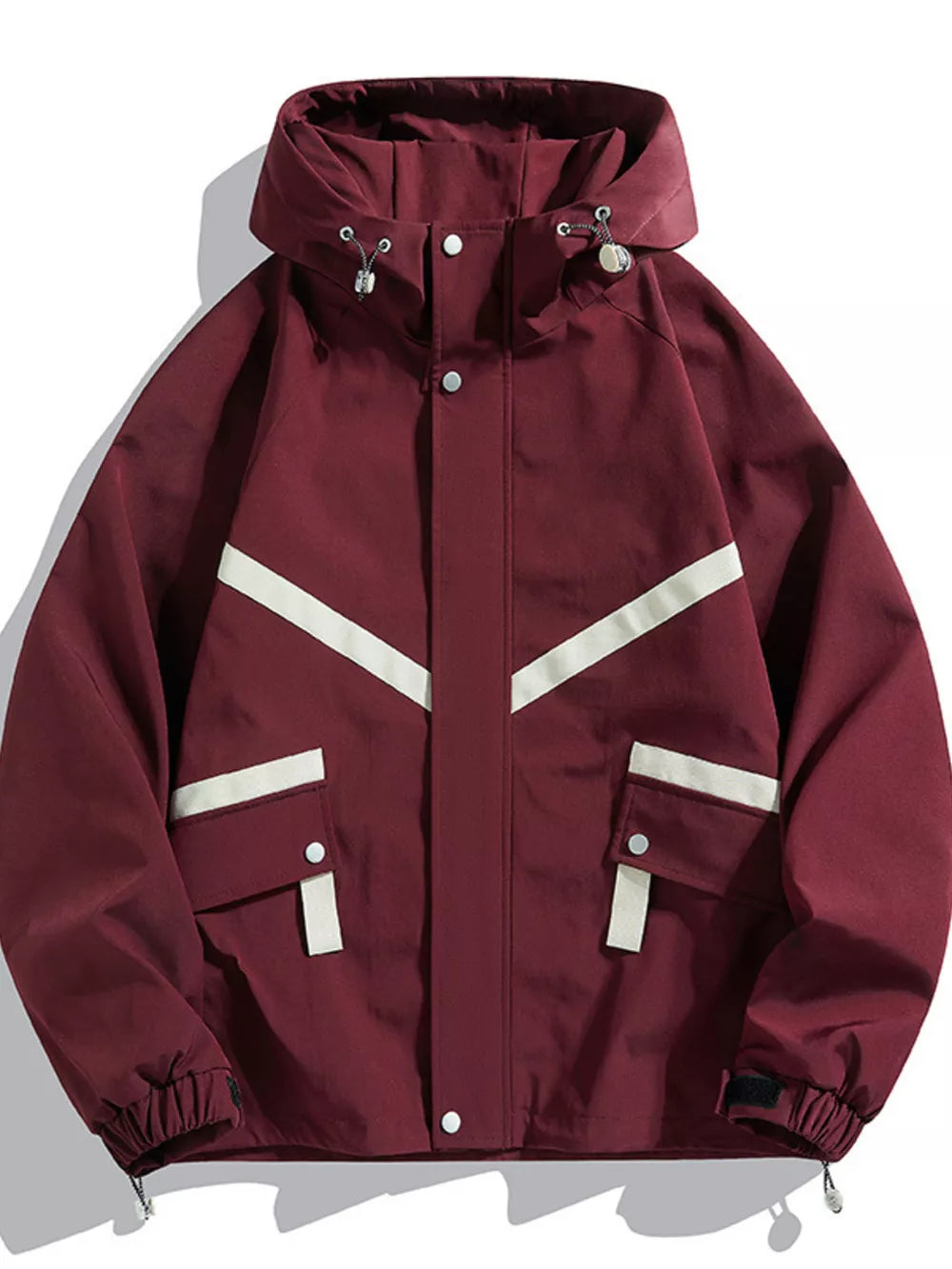 Maroon hooded jacket with white stripe accents and flap pockets.