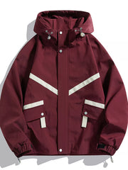 Maroon hooded jacket with white stripe accents and flap pockets.