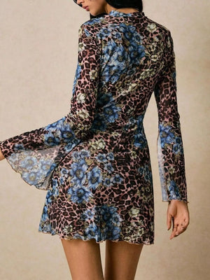 Floral print mini dress with leopard accents, featuring slit bell sleeves and a ruffled hem.