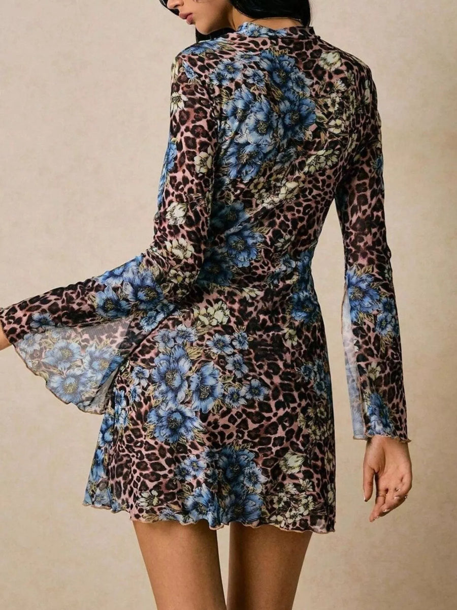 Floral print mini dress with leopard accents, featuring slit bell sleeves and a ruffled hem.