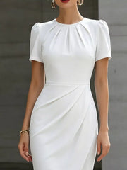 White pleated midi dress with ruched waist and puff sleeves