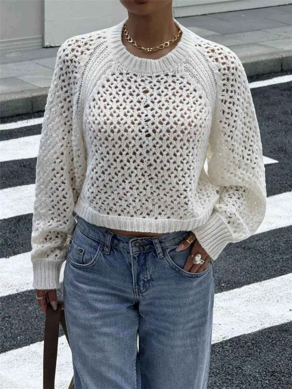 White Crochet Knit Raglan Sleeve Sweater