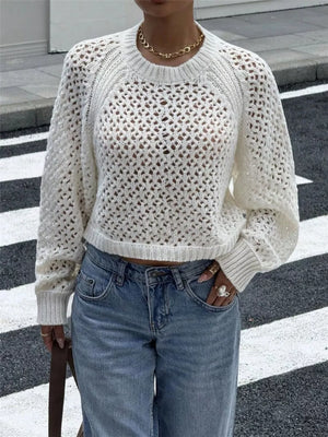 White Crochet Knit Raglan Sleeve Sweater