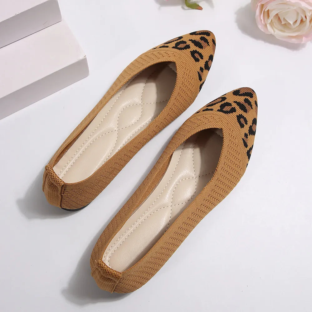 Leopard knit pointed ballet flats in caramel with cushioned insoles.