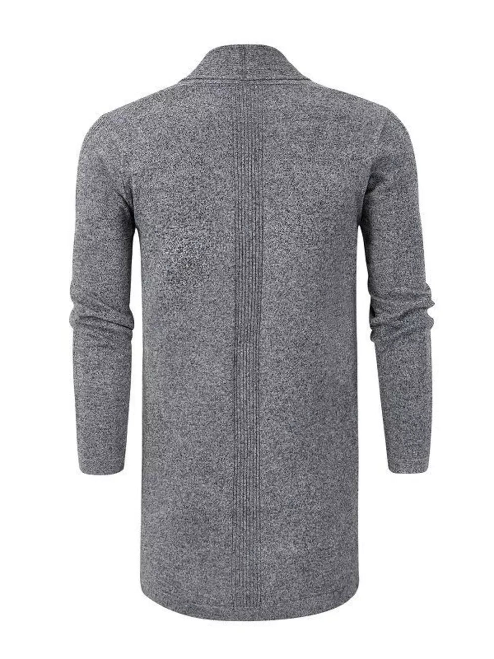 Gray heathered longline cardigan with pockets, long sleeves, and a shawl collar.