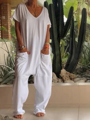 White Loose Fit V-neck Short Sleeve Wide Leg Jumpsuit
