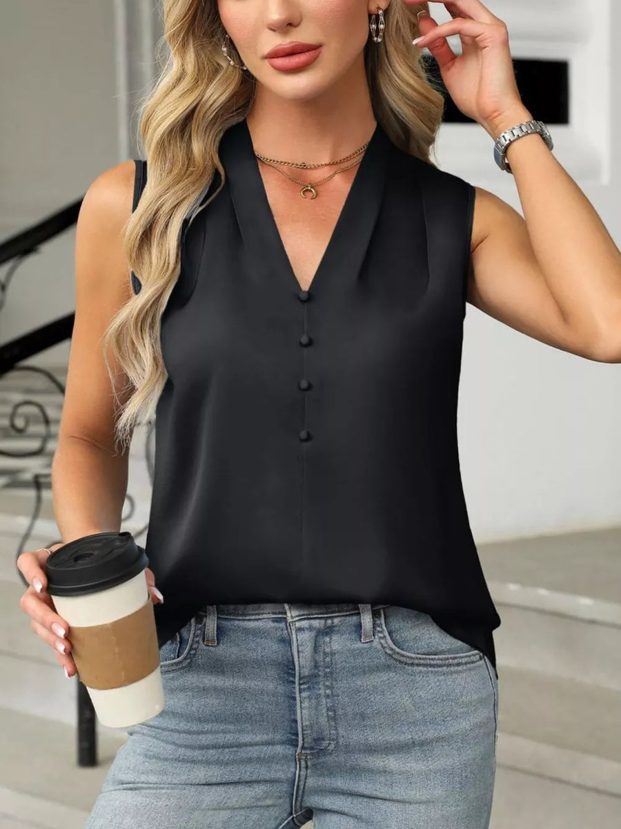 Black satin V-neck tank top with button detail and a draped neckline.