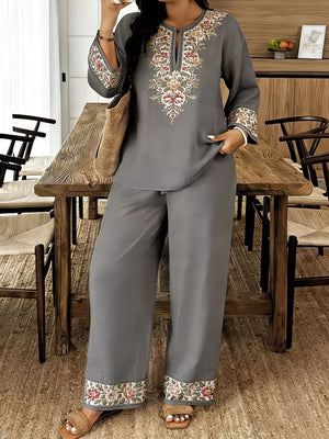 Gray linen blend embroidered tunic and wide-leg pants set with floral trim