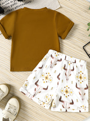 Baby cotton blend graphic tee and shorts set in caramel with bull skull print shorts.