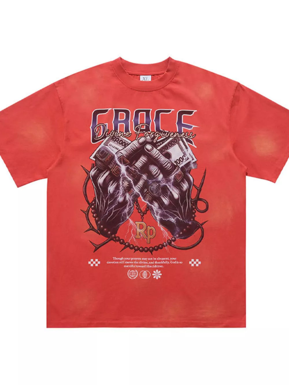 Red graphic tee with praying hands, money, and lightning bolt design.