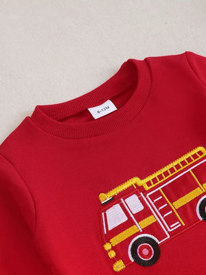 Red with Children's Fire Truck Embroidered Top And Pants Set in Red