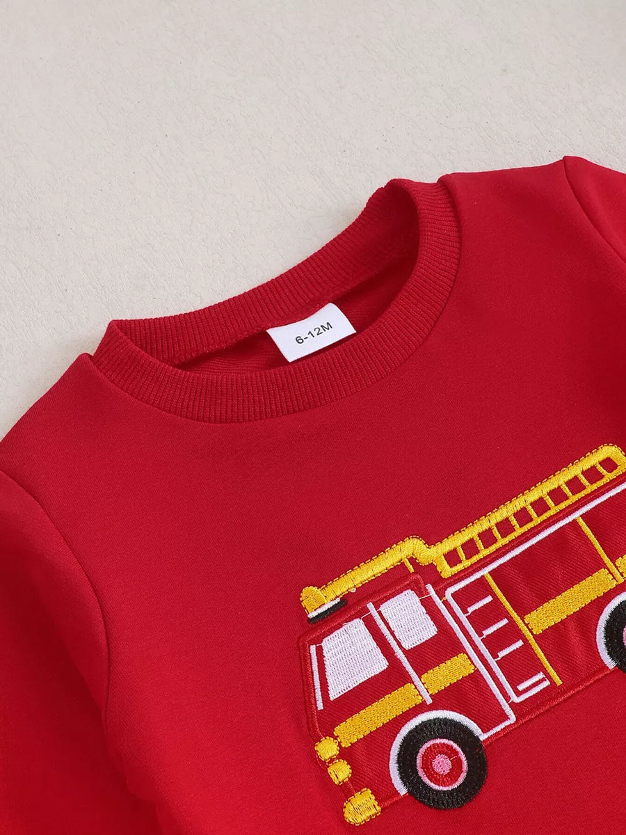 Red with Children's Fire Truck Embroidered Top And Pants Set in Red