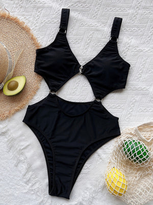 Black one-piece swimsuit with ring details and cutouts