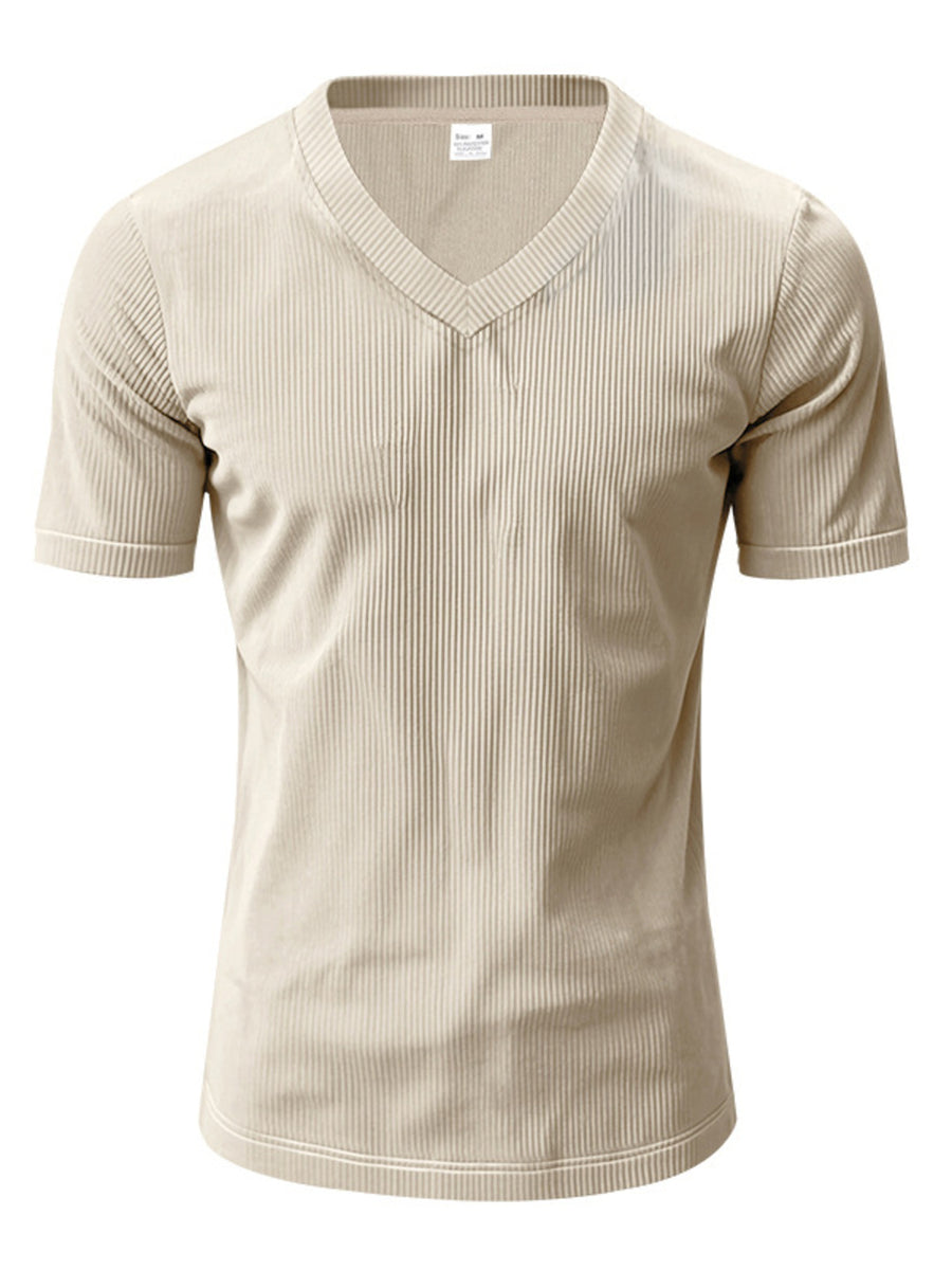 Apricot ribbed V-neck t-shirt with short sleeves and a slim fit.