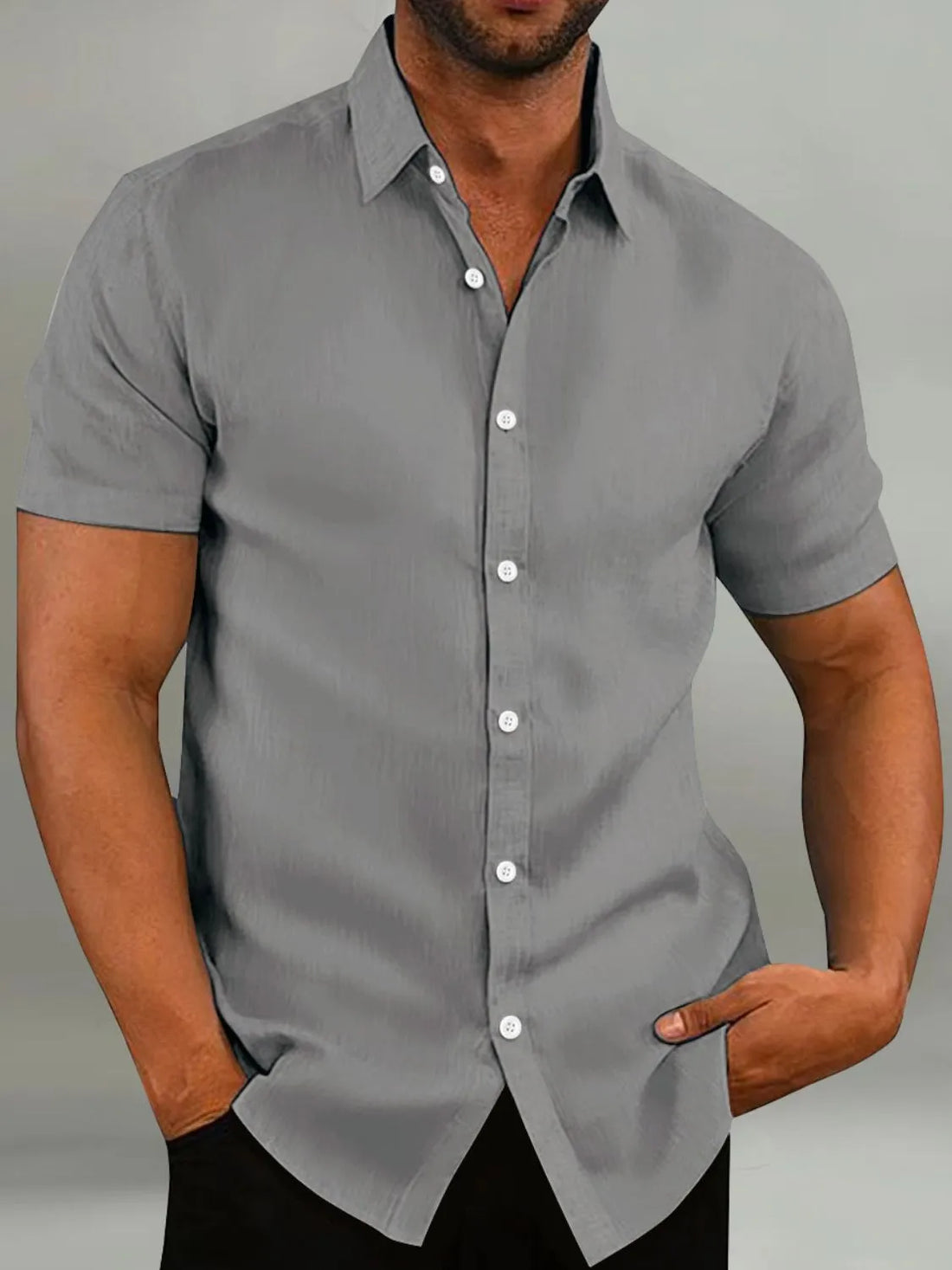 Men's dark gray linen-blend short-sleeve button-down shirt with a tailored fit.