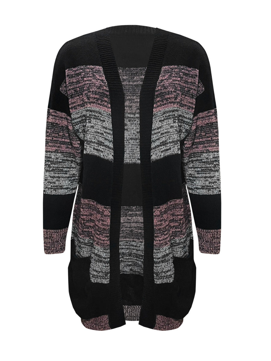 Colorblock knit cardigan with pockets in black, pink, and grey marled yarn.