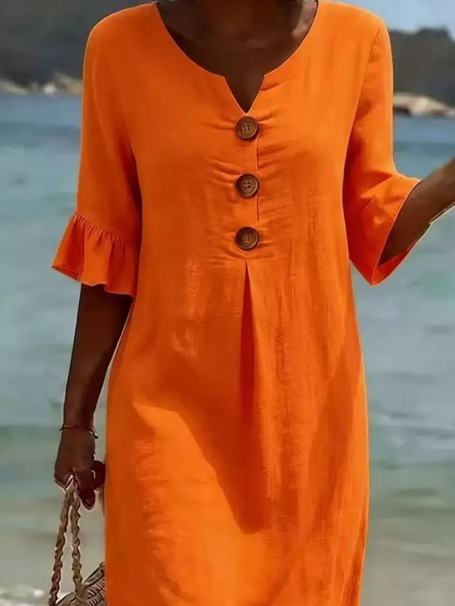 Button Decor Ruffle Sleeve Midi Dress Plus Size in Sky Blue