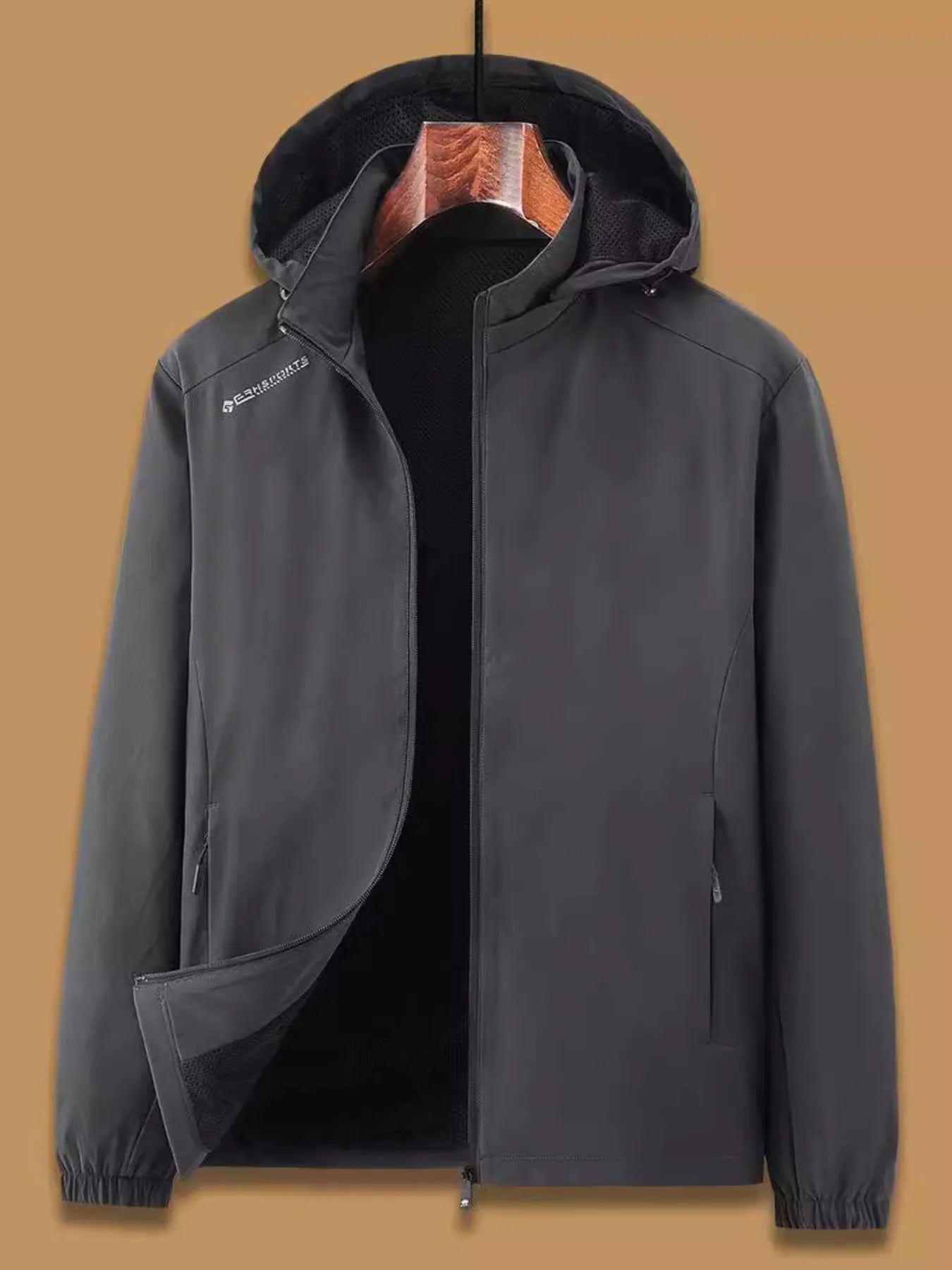 Dark Gray casual hooded windbreaker jacket with zip closure and pockets.