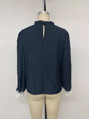 Lace Trim Long Sleeve Blouse in Navy