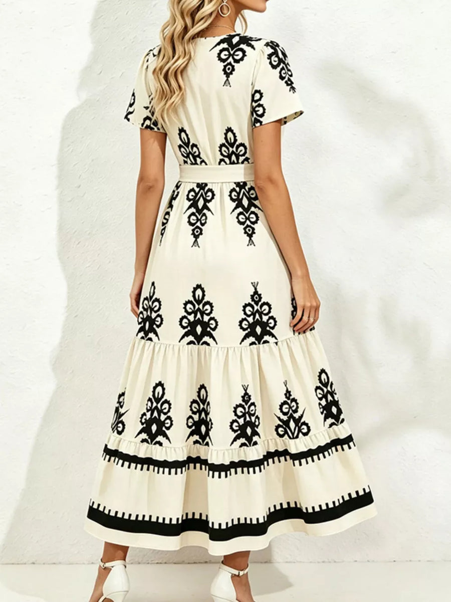 Black Printed Surplice Short Sleeve Dress